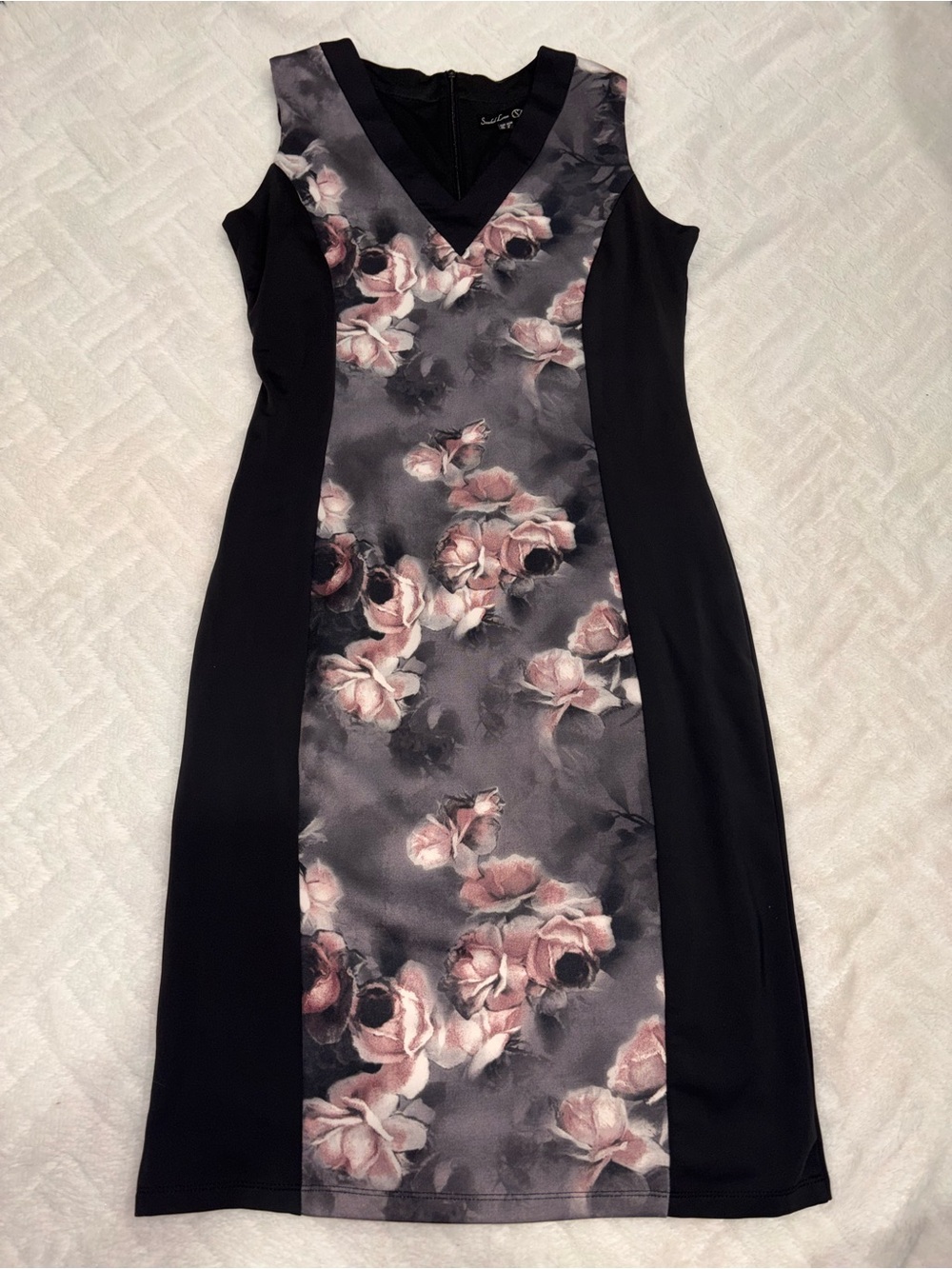 🌸 Smashed Lemon Sleeveless Floral Panel Sheath Dress - Black with Pink Floral